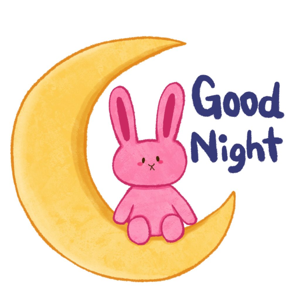 Good Nightの文字と月とウサギのイラスト