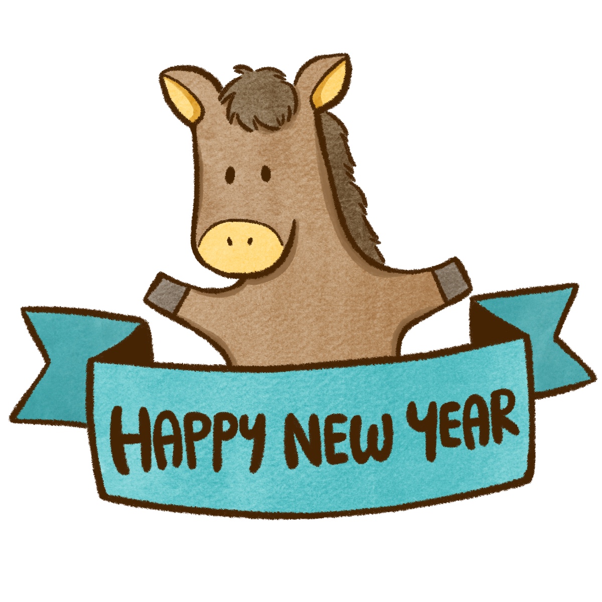 Happy New Yearの文字と馬のイラスト